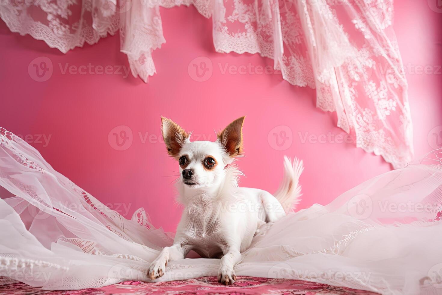 Little cute dog chihuahua in pink room with laces. . photo