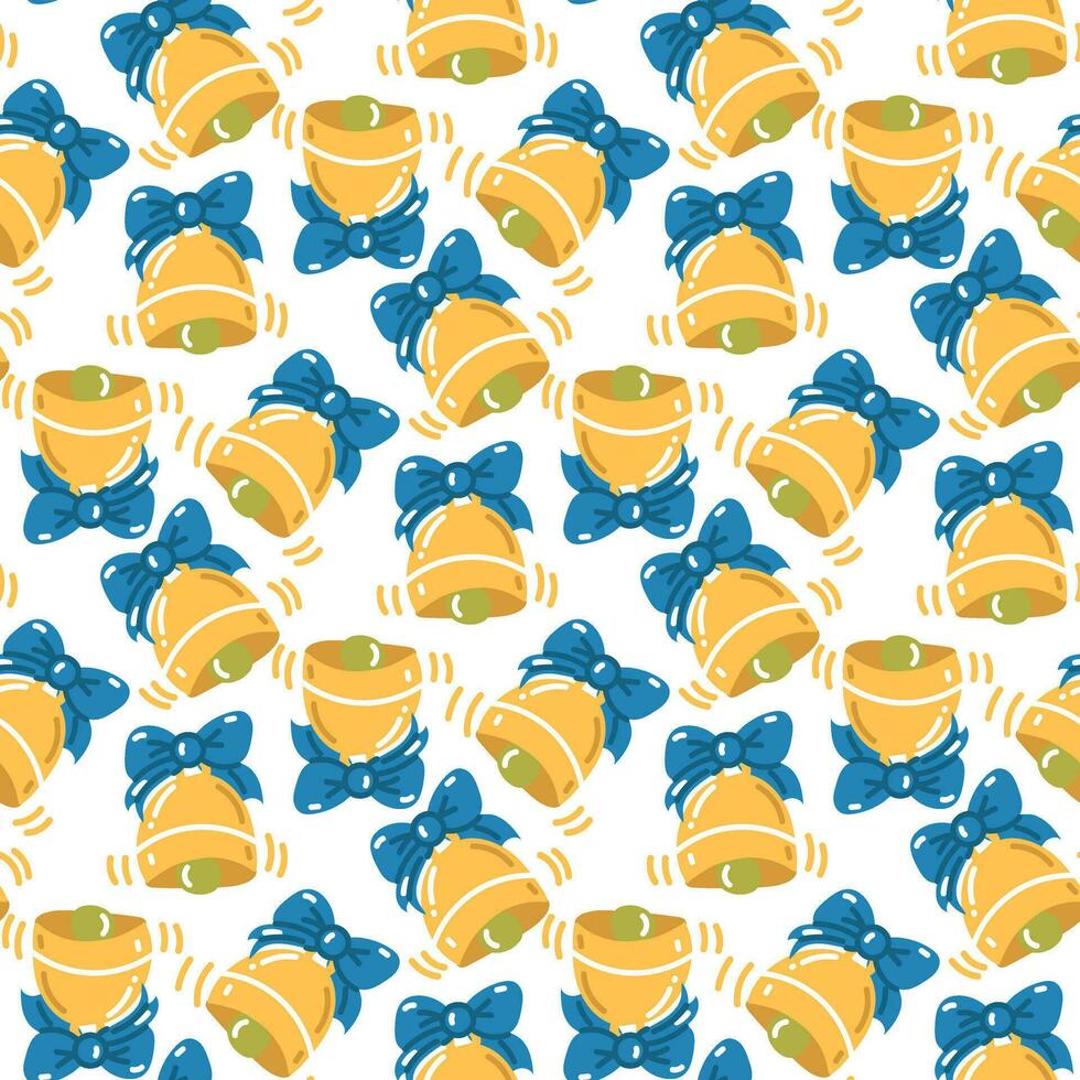 Seamless cartoon school bell pattern on white background. Cartoon cute yellow bell with a bow. Back to school. The first call. School packaging for the holiday vector