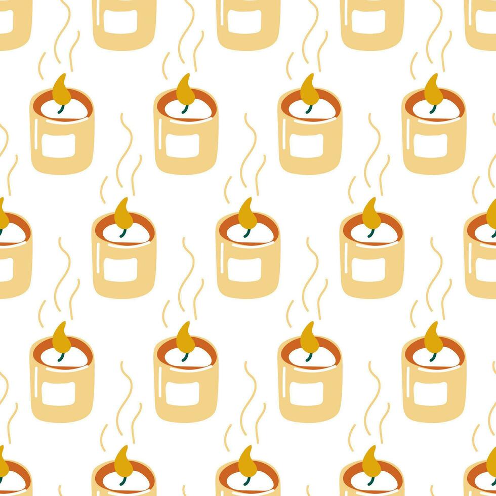 Seamless pattern with cartoon cozy candles in retro style. Cozy background. Vector printing on fabric and wallpaper. Cute candles on a white background