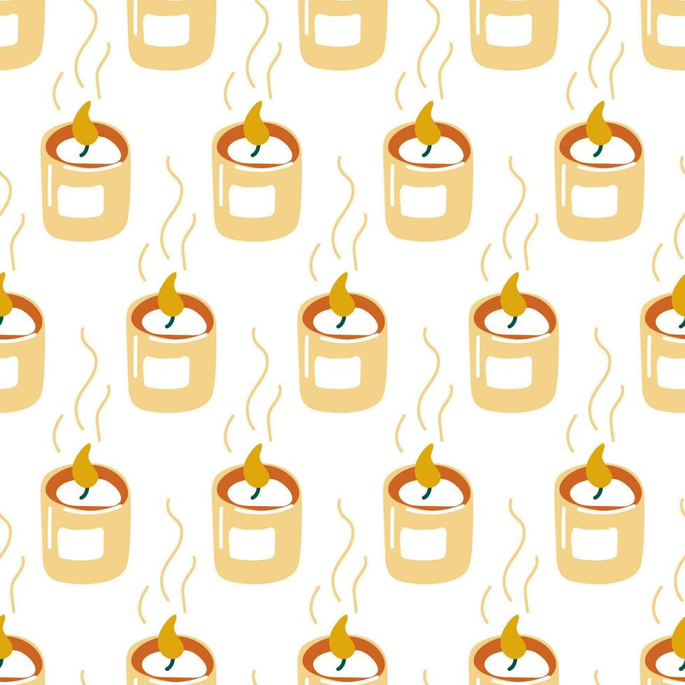 Seamless pattern with cartoon cozy candles in retro style. Cozy background. Vector printing on fabric and wallpaper. Cute candles on a white background