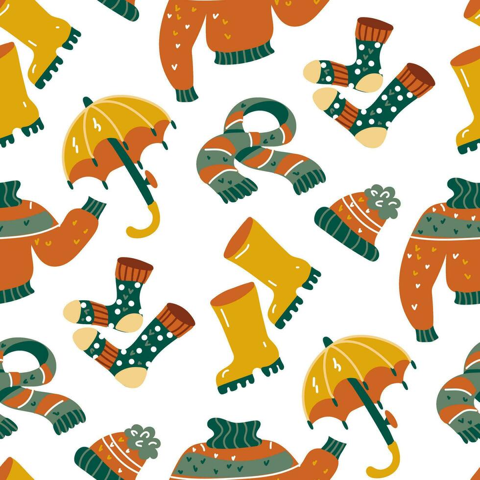 A pattern of warm cozy autumn clothes and details. Cartoon flat vector illustration. Colorful elements for your design. Warm shades. Autumn elements. Sweater, socks, scarf, hat, umbrella, shoes