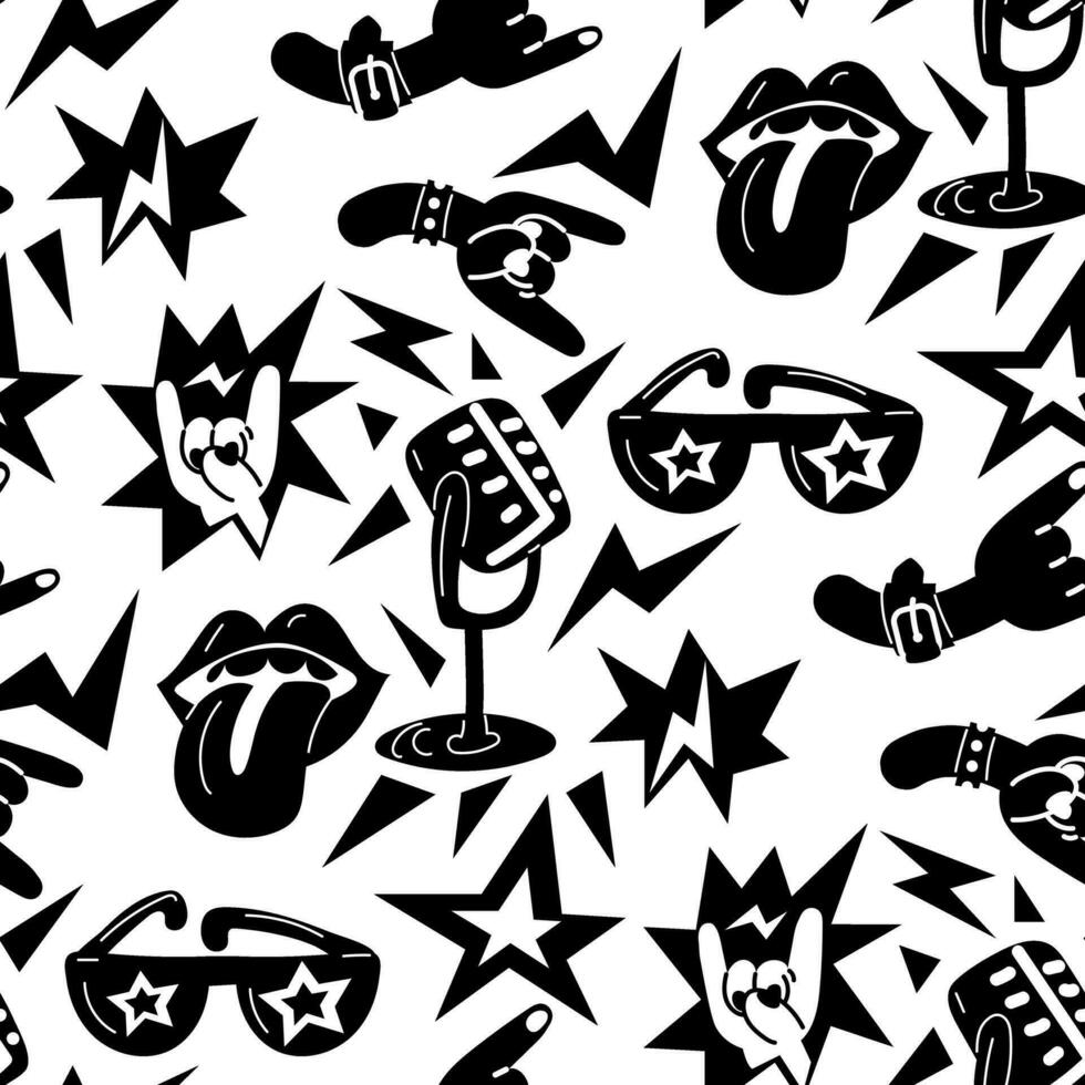 un modelo con elementos de punk rock música, sin costura en un blanco antecedentes. negro diseño elementos, dedos, manos, estrella, nota, explosión, micrófono, mano, lengua. embalaje para música festivales vector