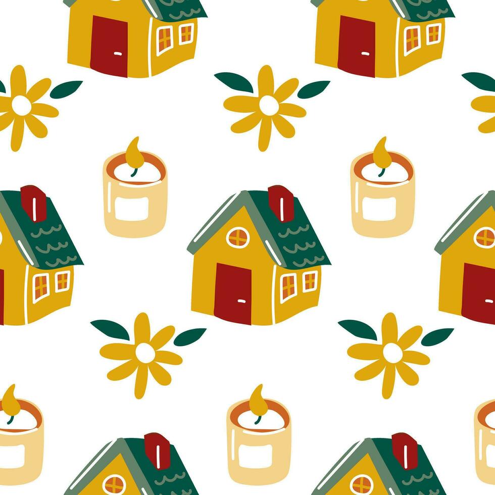 Seamless pattern with cartoon cozy candles, a house and a retro-style flower. Cozy background. Vector printing on fabric and wallpaper. Cute homemade relaxing motif. Autumn packaging