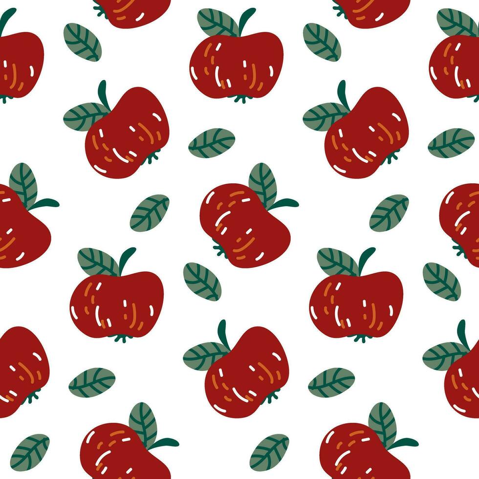 Seamless pattern with cartoon red apples in retro style. Fruit background. Vector printing on fabric and wallpaper. Cute fruits on a white background