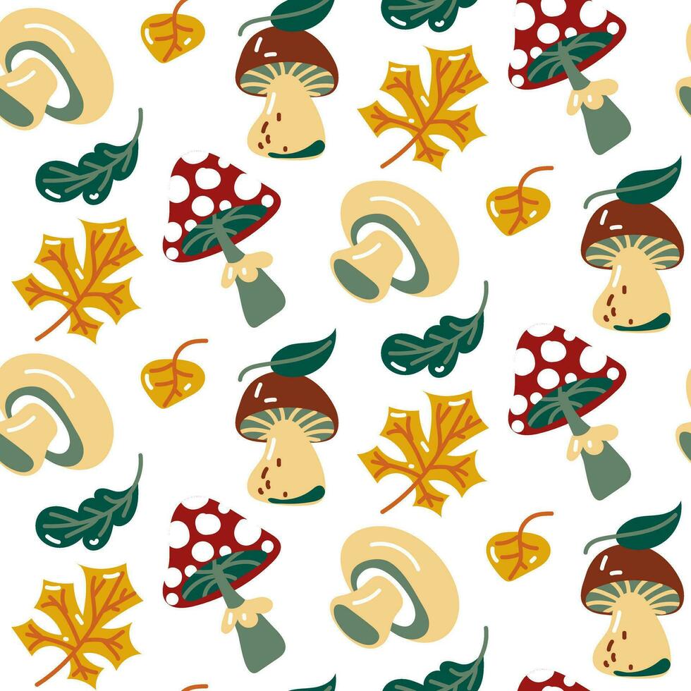 Seamless pattern with cartoon mushrooms and autumn foliage. Mushroom background. White mushroom, champignon, fly agaric. Vector printing on fabric and paper. Cute mushrooms on a white background