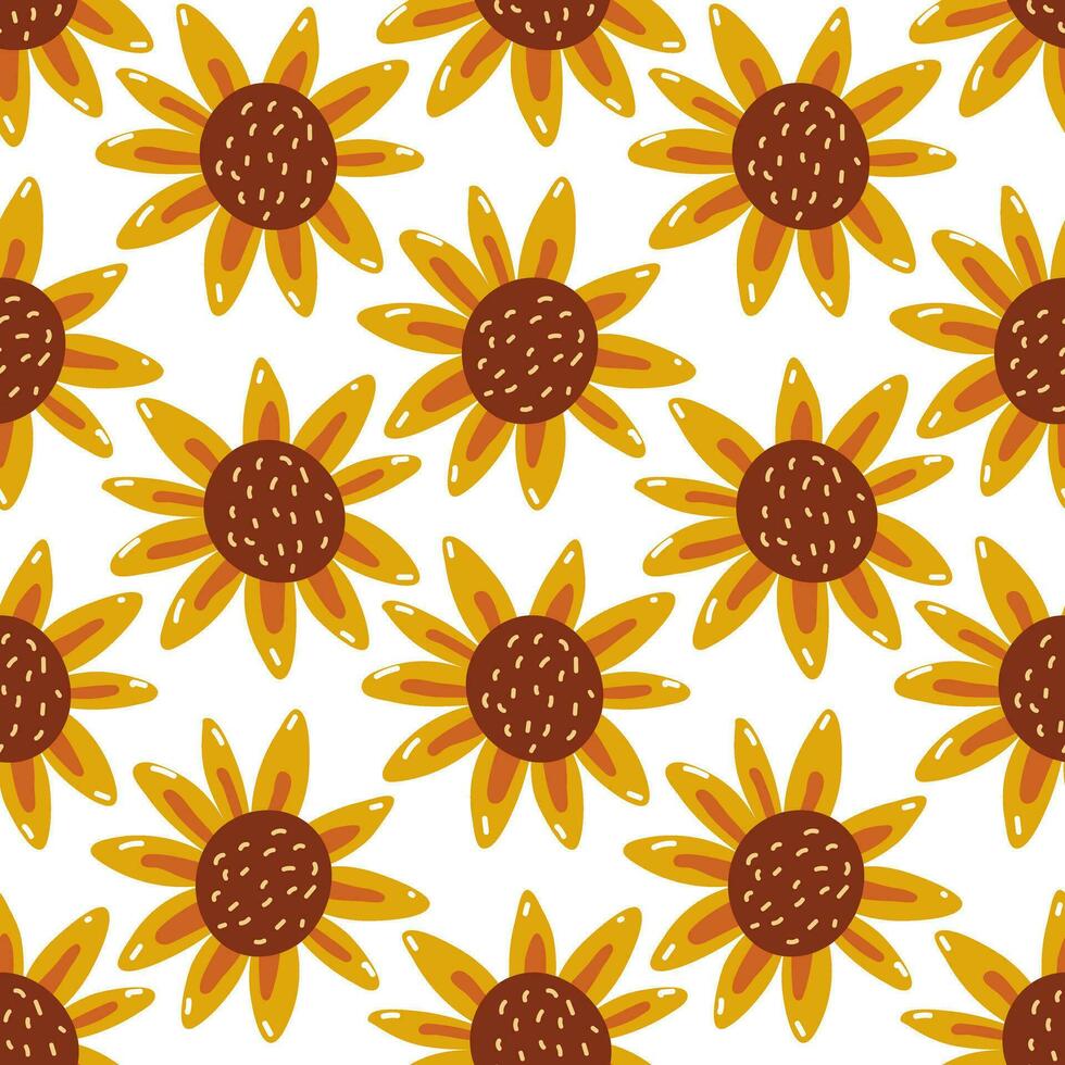Seamless pattern with cartoon yellow sunflowers in retro style. Floral background. Vector printing on fabric and wallpaper. Cute autumn flowers on a white background