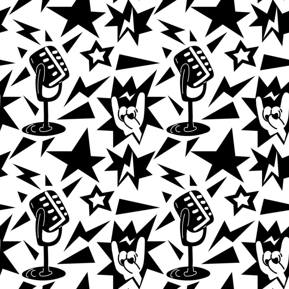 A pattern with elements of punk rock music, seamless on a white background. Black design elements, fingers, hands, star, microphone, zipper, triangle, sharp. Packaging for music festivals in black vector