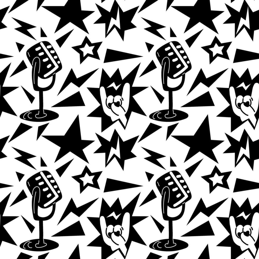 A pattern with elements of punk rock music, seamless on a white background. Black design elements, fingers, hands, star, microphone, zipper, triangle, sharp. Packaging for music festivals in black vector
