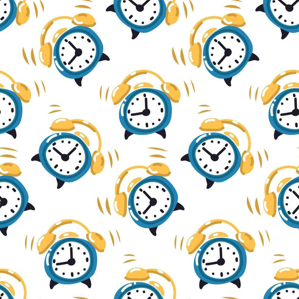 A pattern with a blue ringing alarm clock on a white background. Seamless texture wake up, call, good morning. It's time for school. School packaging. Time call background vector