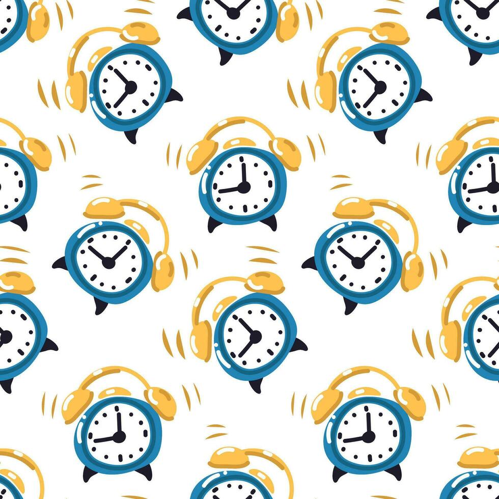 A pattern with a blue ringing alarm clock on a white background. Seamless texture wake up, call, good morning. It's time for school. School packaging. Time call background vector