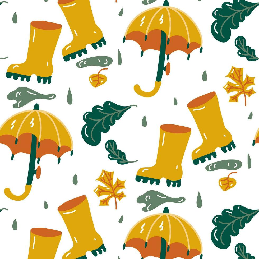 A pattern of warm cozy autumn details. Cartoon flat vector illustration. Colorful elements for your design. Warm shades. Autumn elements. Umbrella, autumn foliage, puddles, boots, rain