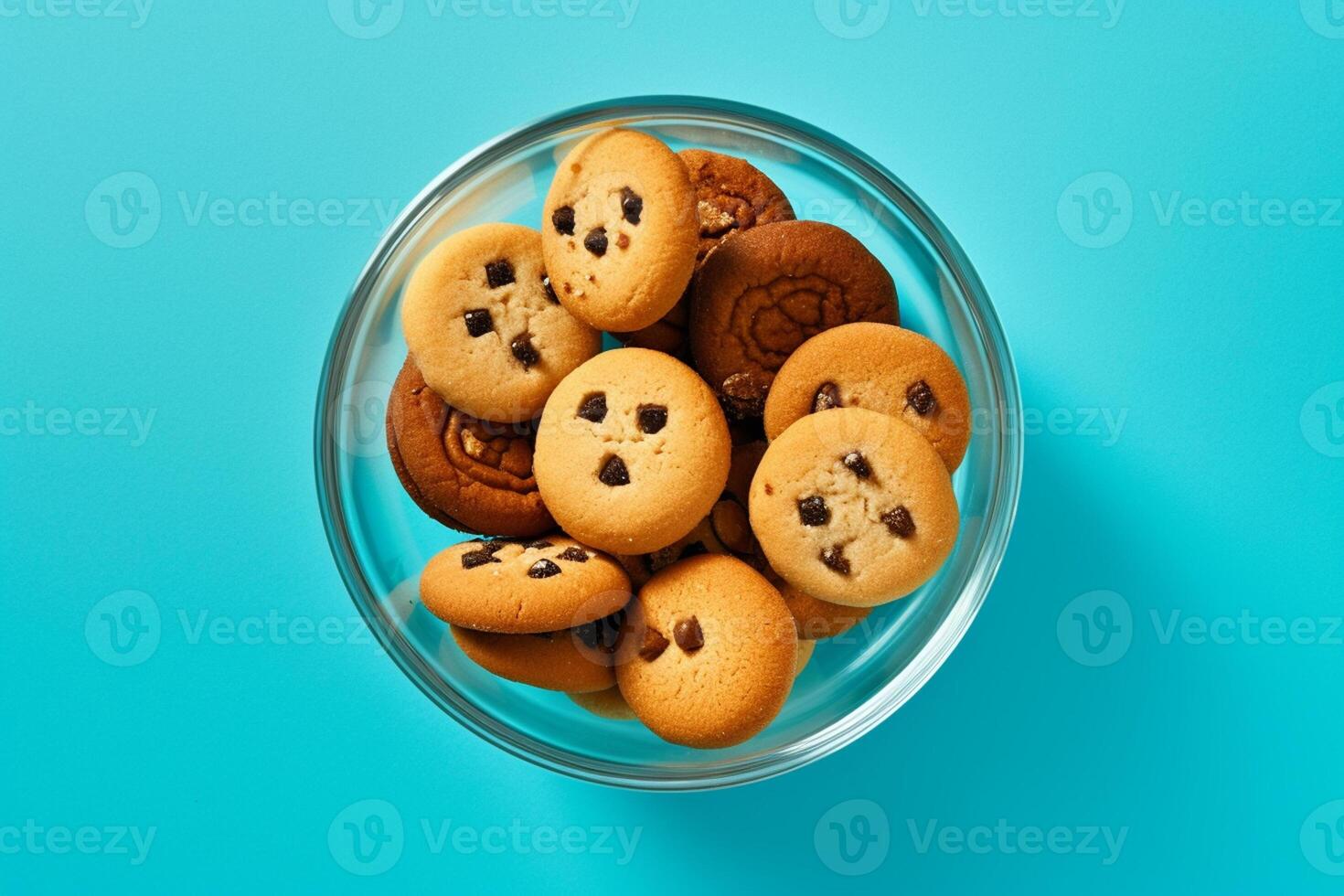 A glass bowl filled with chocolate chip cookies on a solid color background. photo