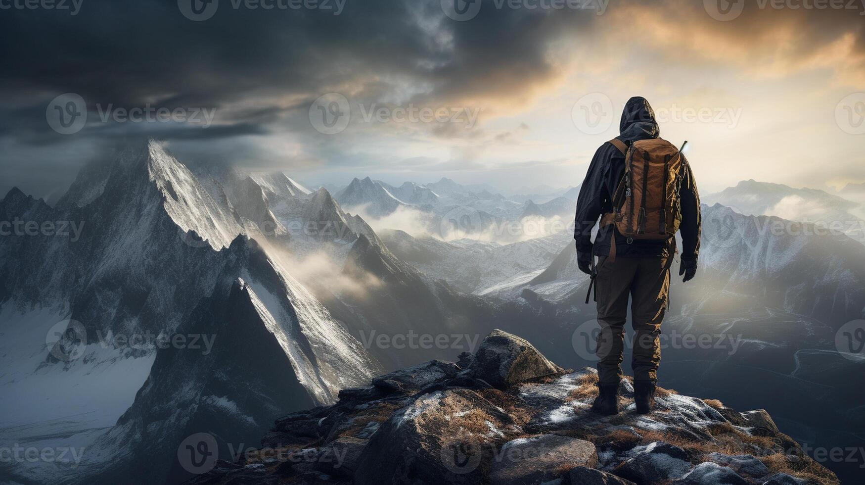 A hooded warrior man stands atop a rugged mountain peak photo