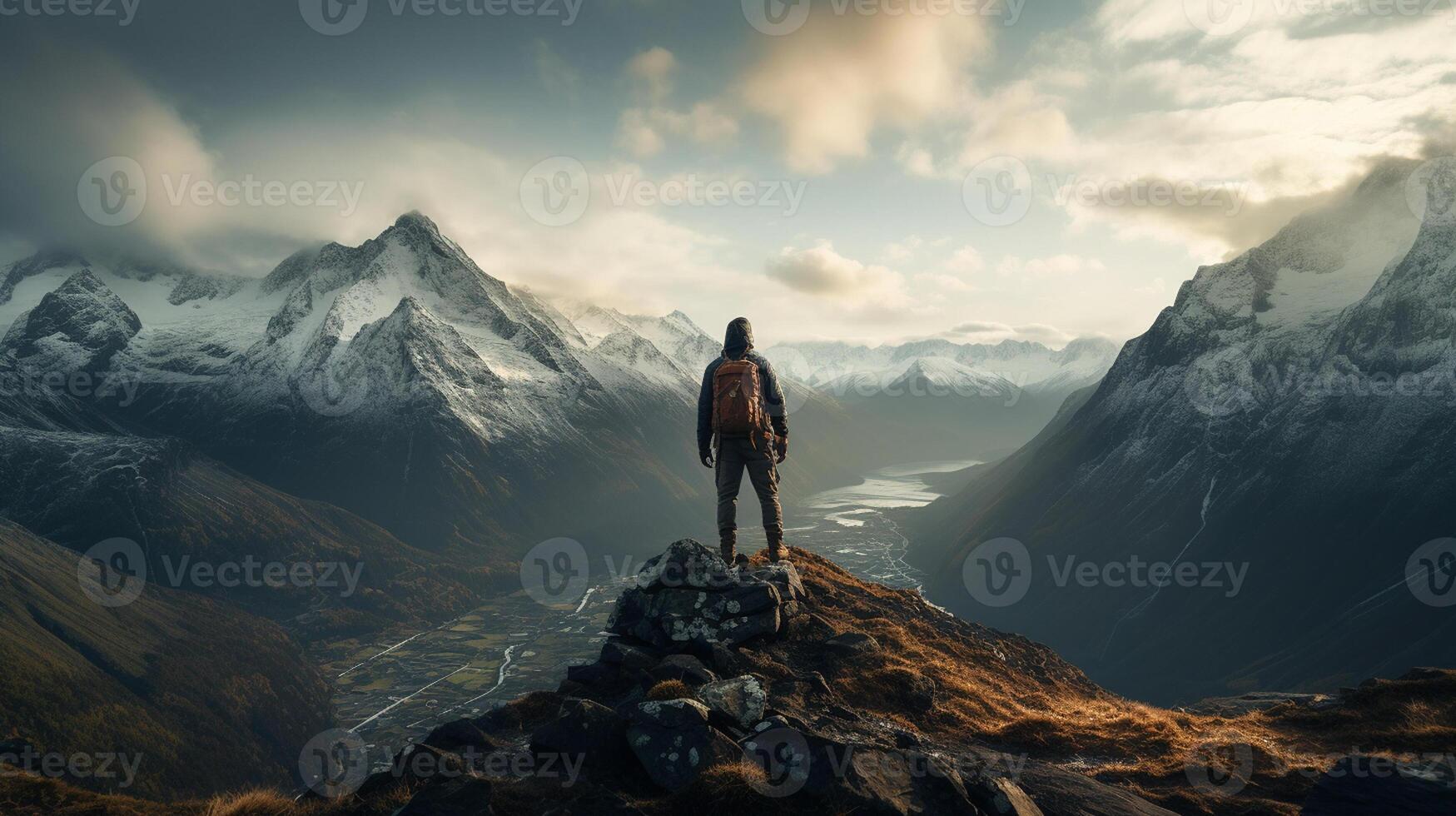 A hooded warrior man stands atop a rugged mountain peak photo