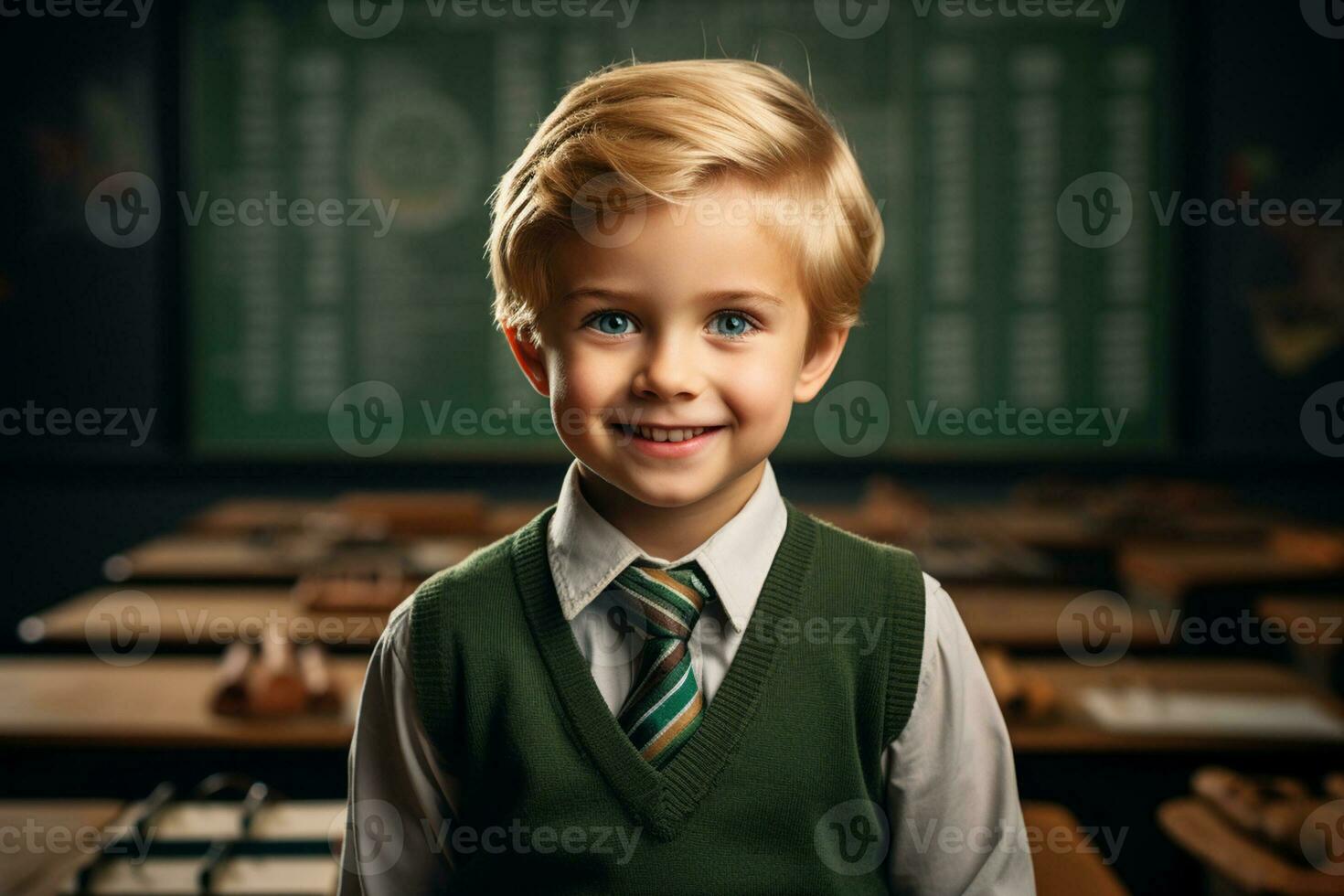 AI Generative a young boy posing in front of chalkboard with back to school concept photo
