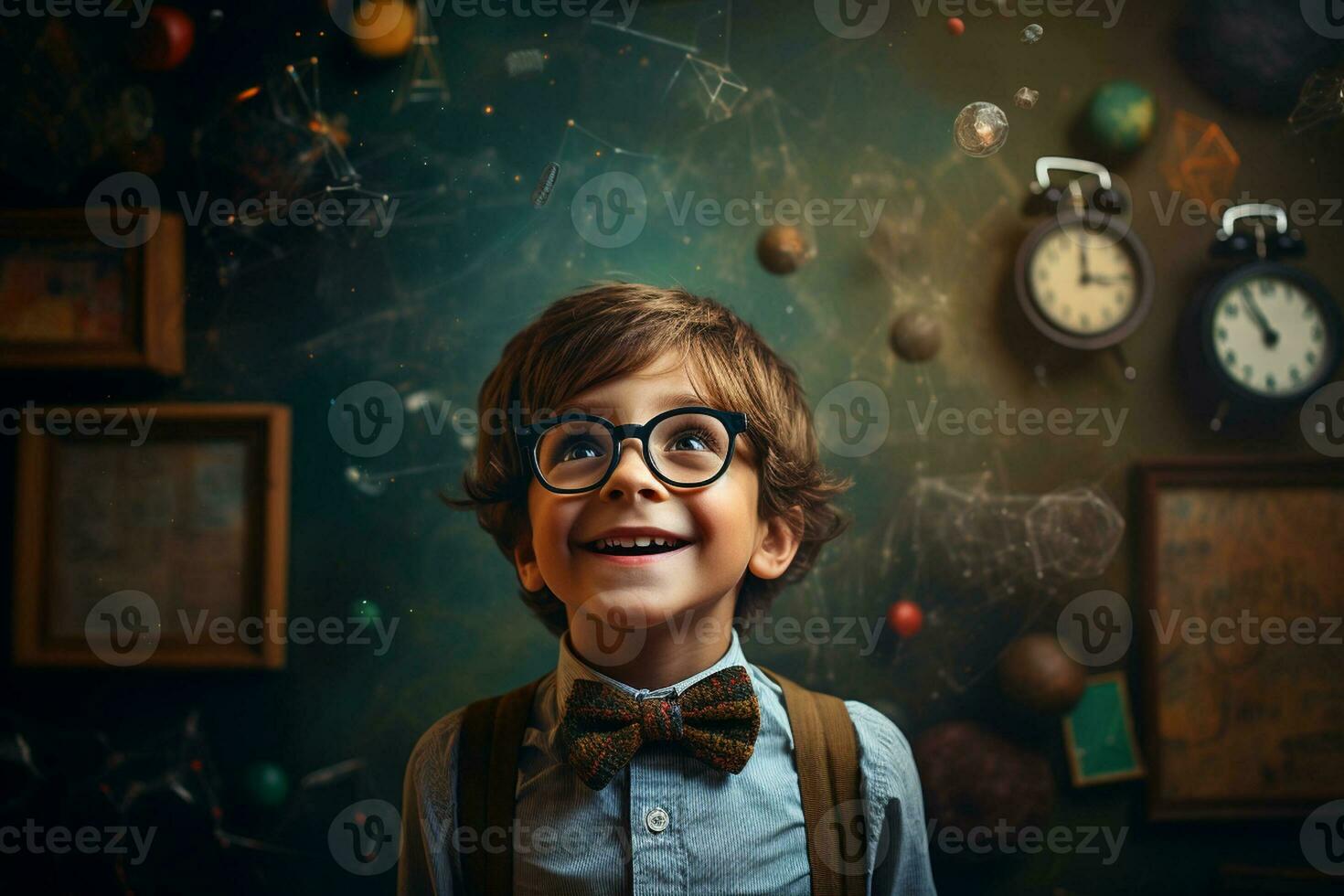 AI Generative a young boy posing in front of chalkboard with back to school concept photo