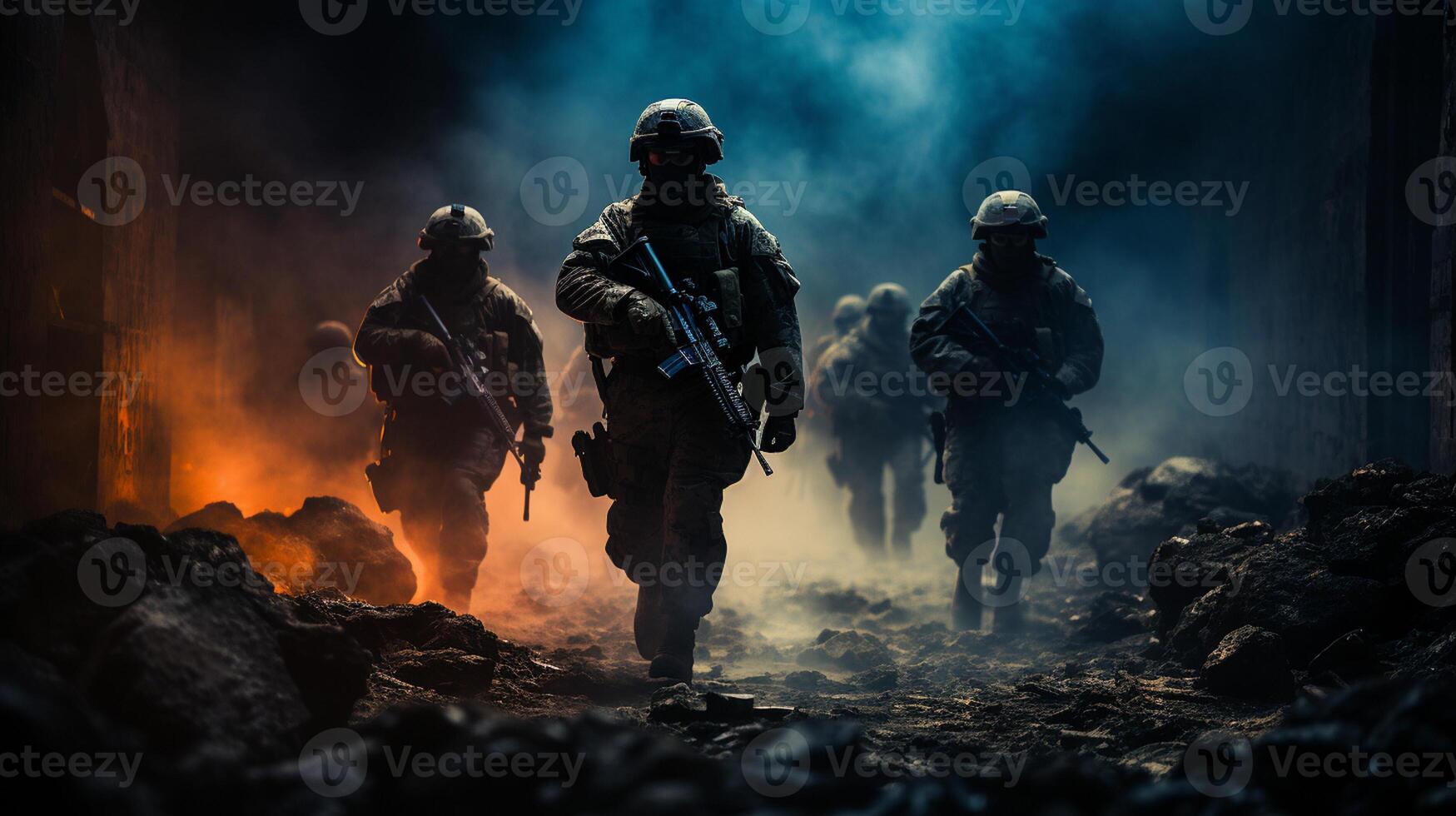 AI Generative Soldiers with Rifles Advancing through Smoke-Filled Battlefield photo