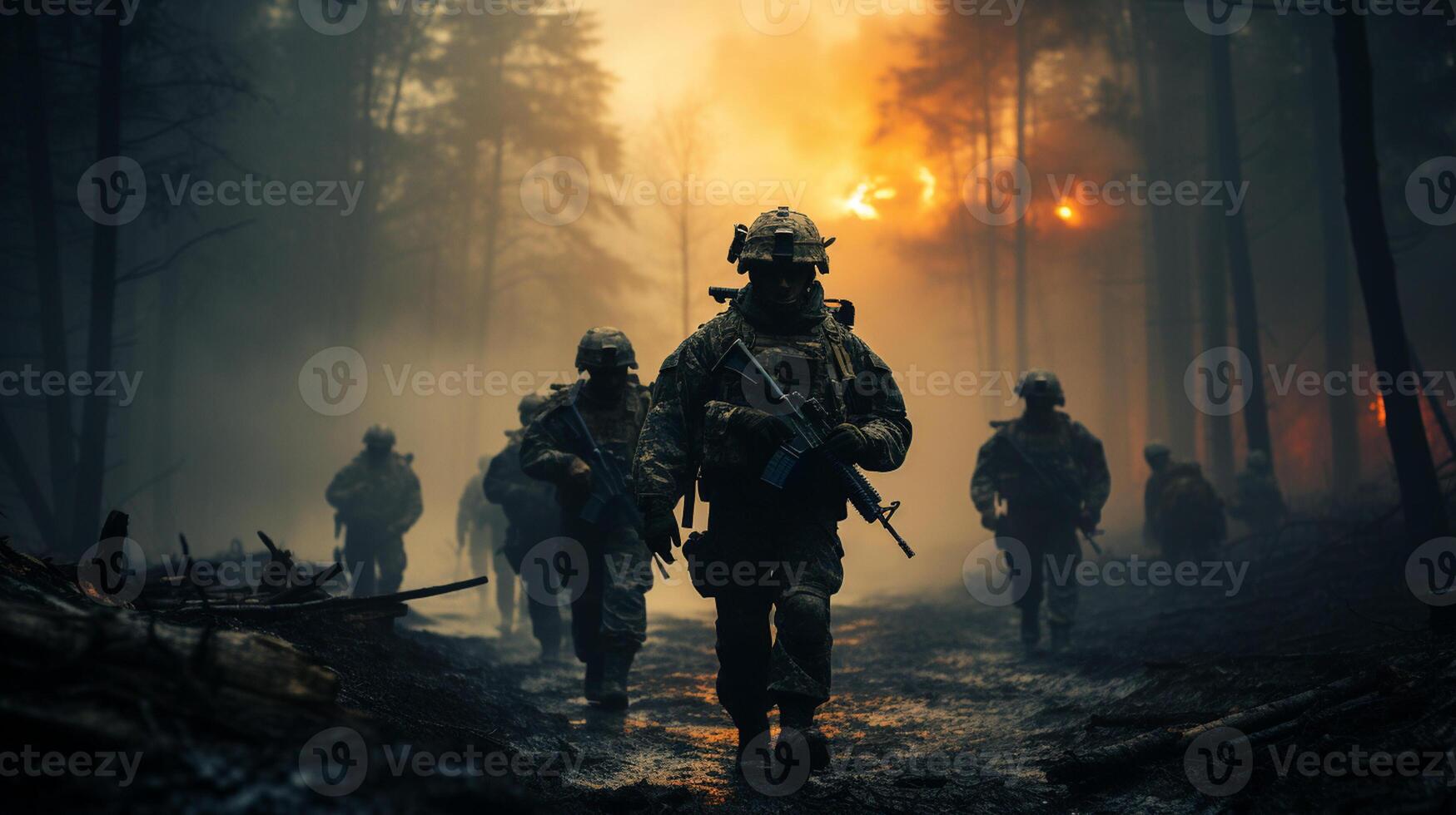 ai generativo soldados con rifles avanzando mediante lleno de humo campo de batalla foto