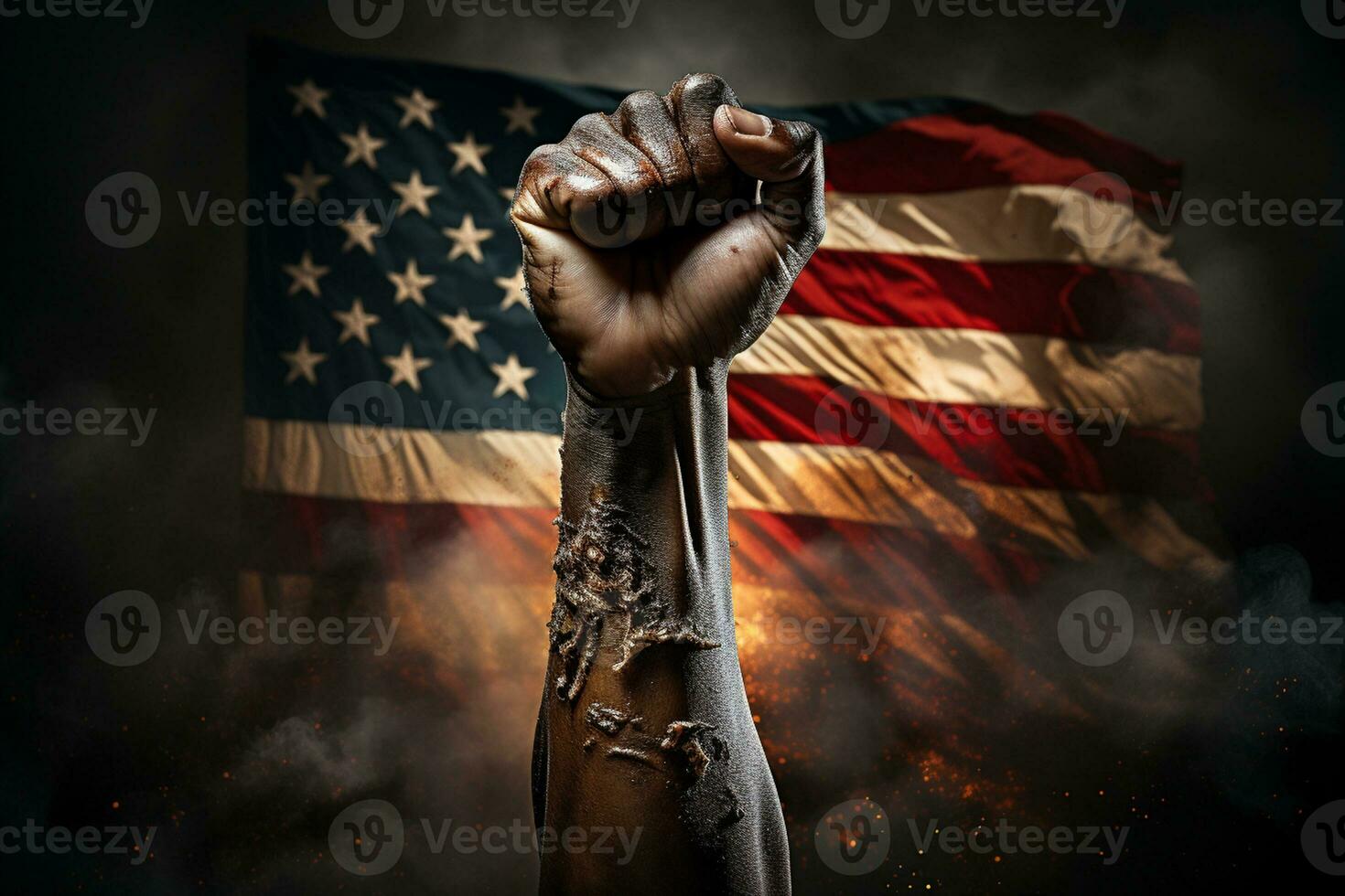 black fist raised in the front of the American flag photo