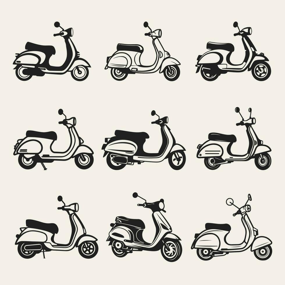 scooter silueta íconos conjunto logo negro motocicleta vehículo siluetas vector ilustración