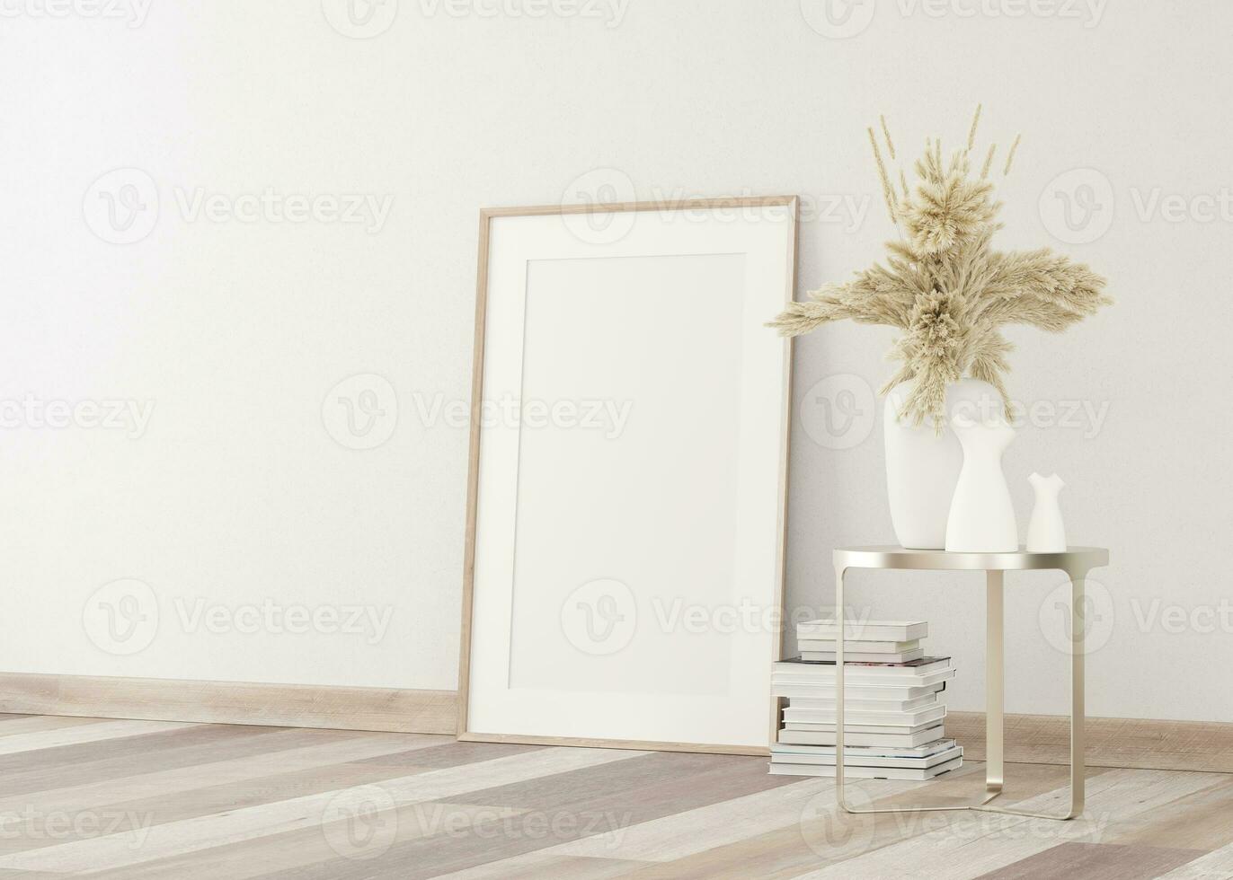 3d Render of white frames in light plaster wall and wood floor. White frames on the wall. Low table with decoration photo