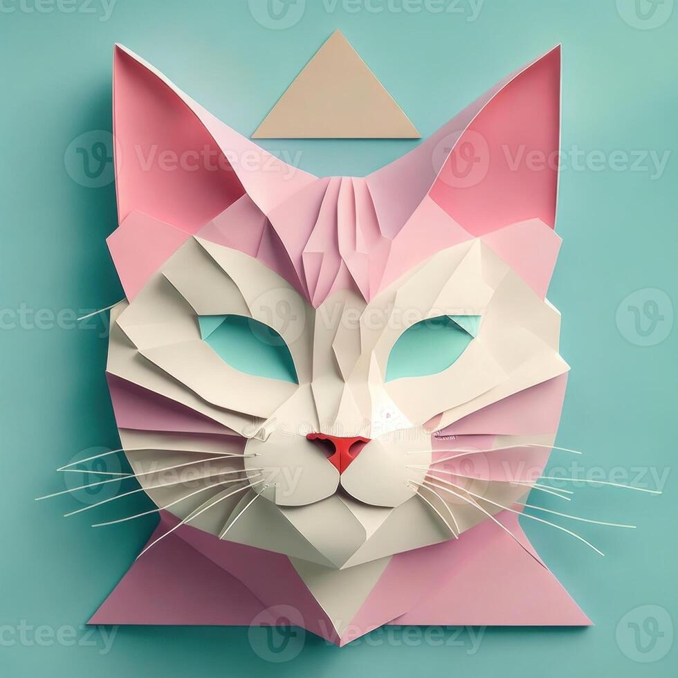 cat head, paper art style illustration.Generative AI photo