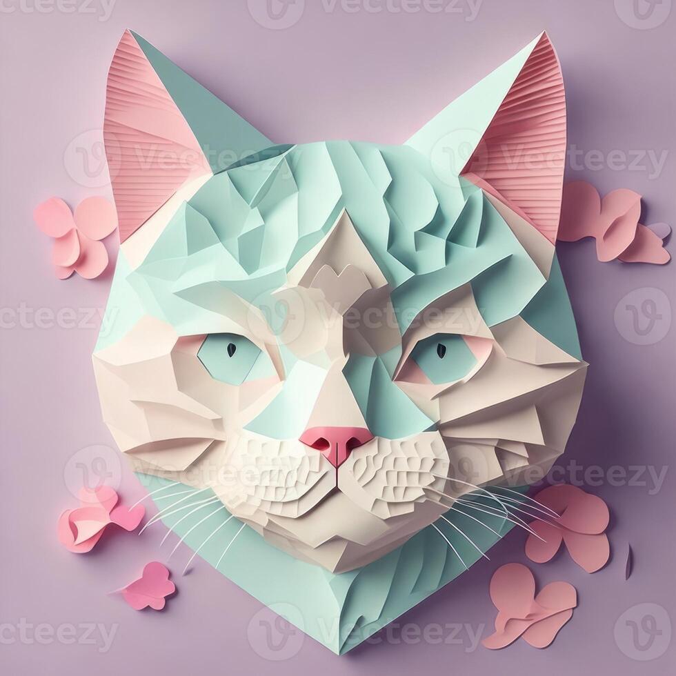 cat head, paper art style illustration.Generative AI photo