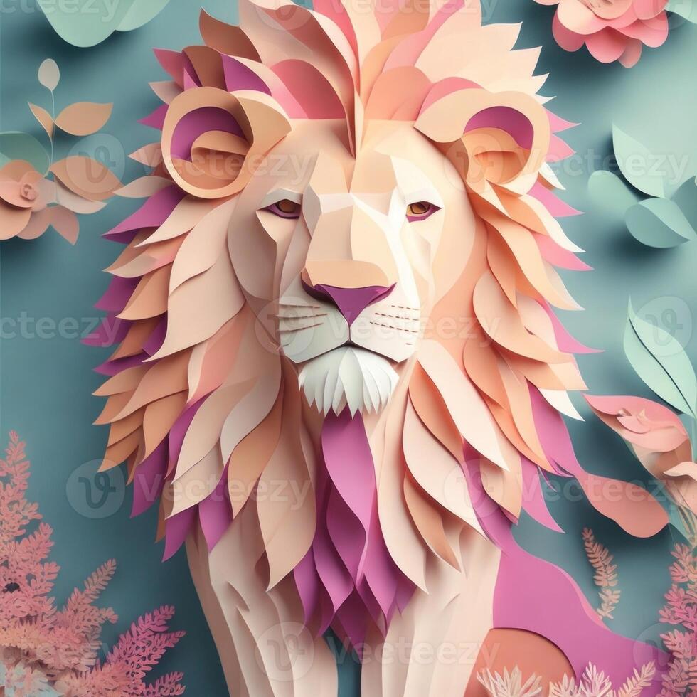 lion, paper art style illustration.Generative AI photo