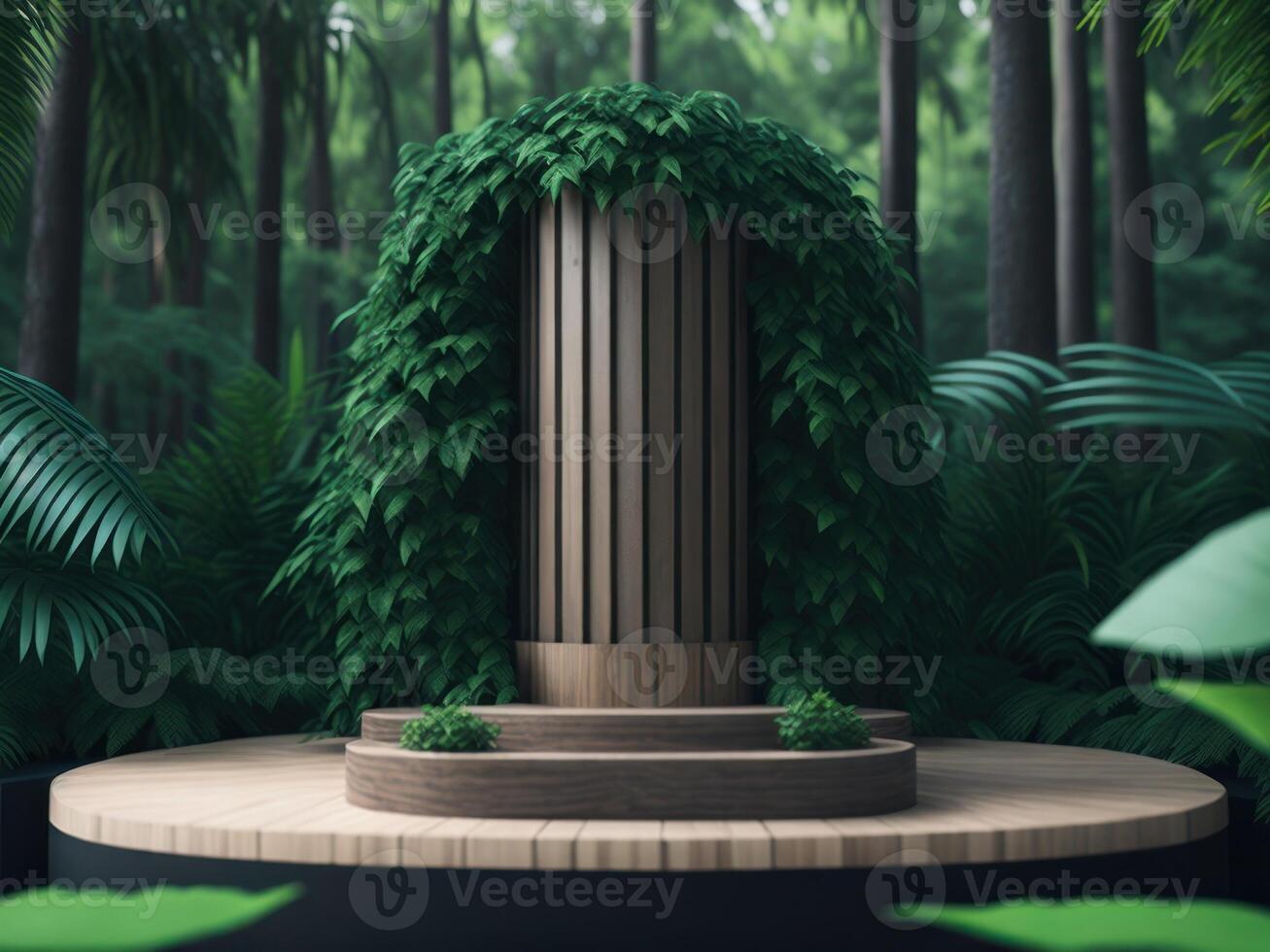3D render Wooden podium mockup in tropical forest for product presentation and green background. photo