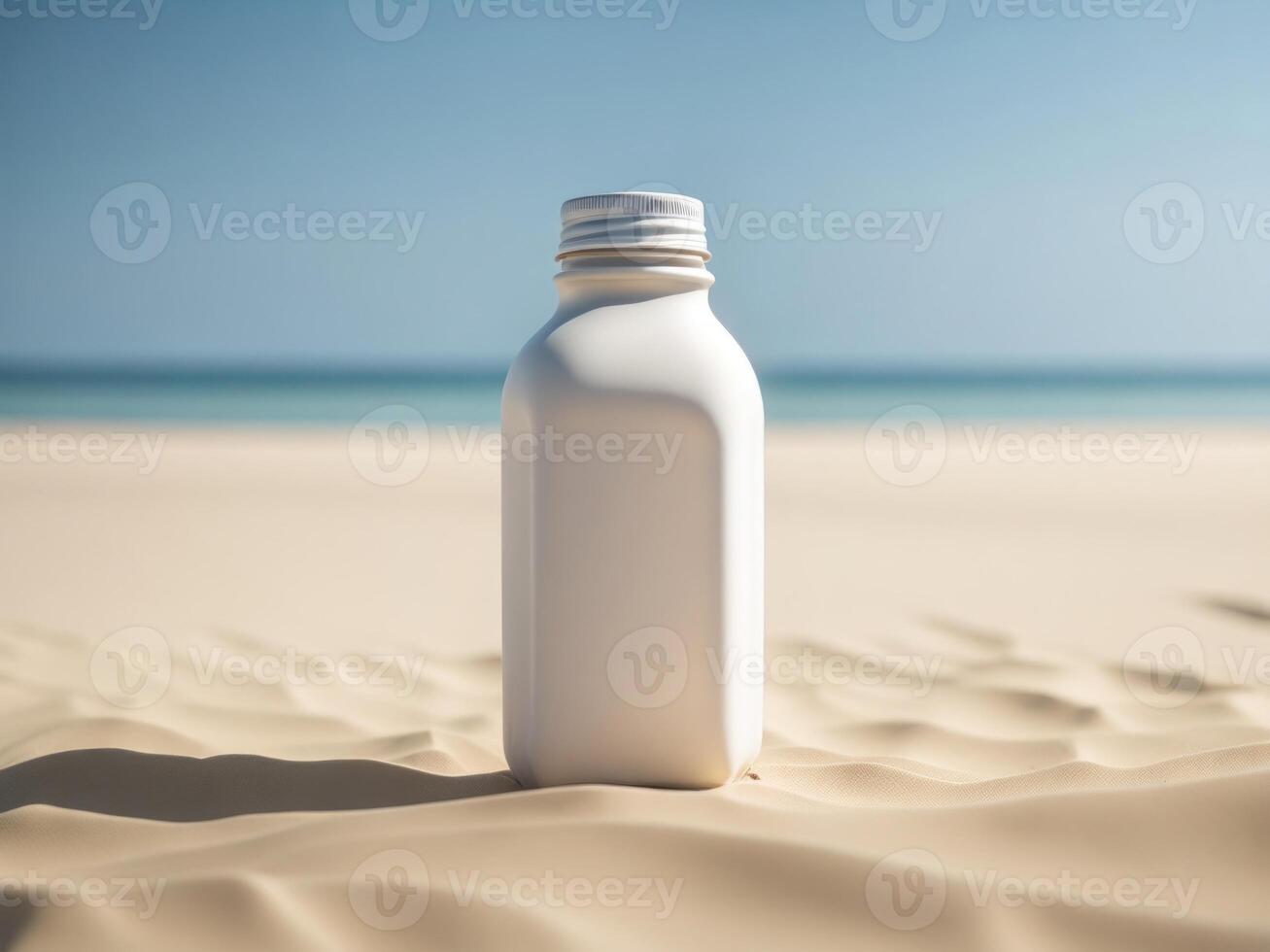 blank Empty square drink bottle mockup in sand beach for product presentation and beach background. photo