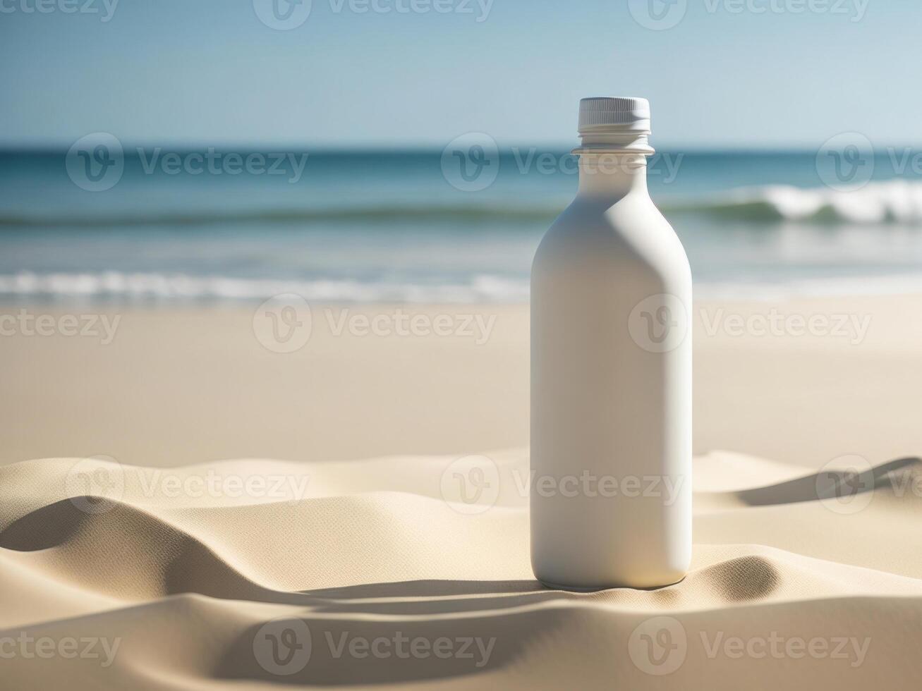 blank Empty drink bottle mockup in sand beach for product presentation and beach background. photo