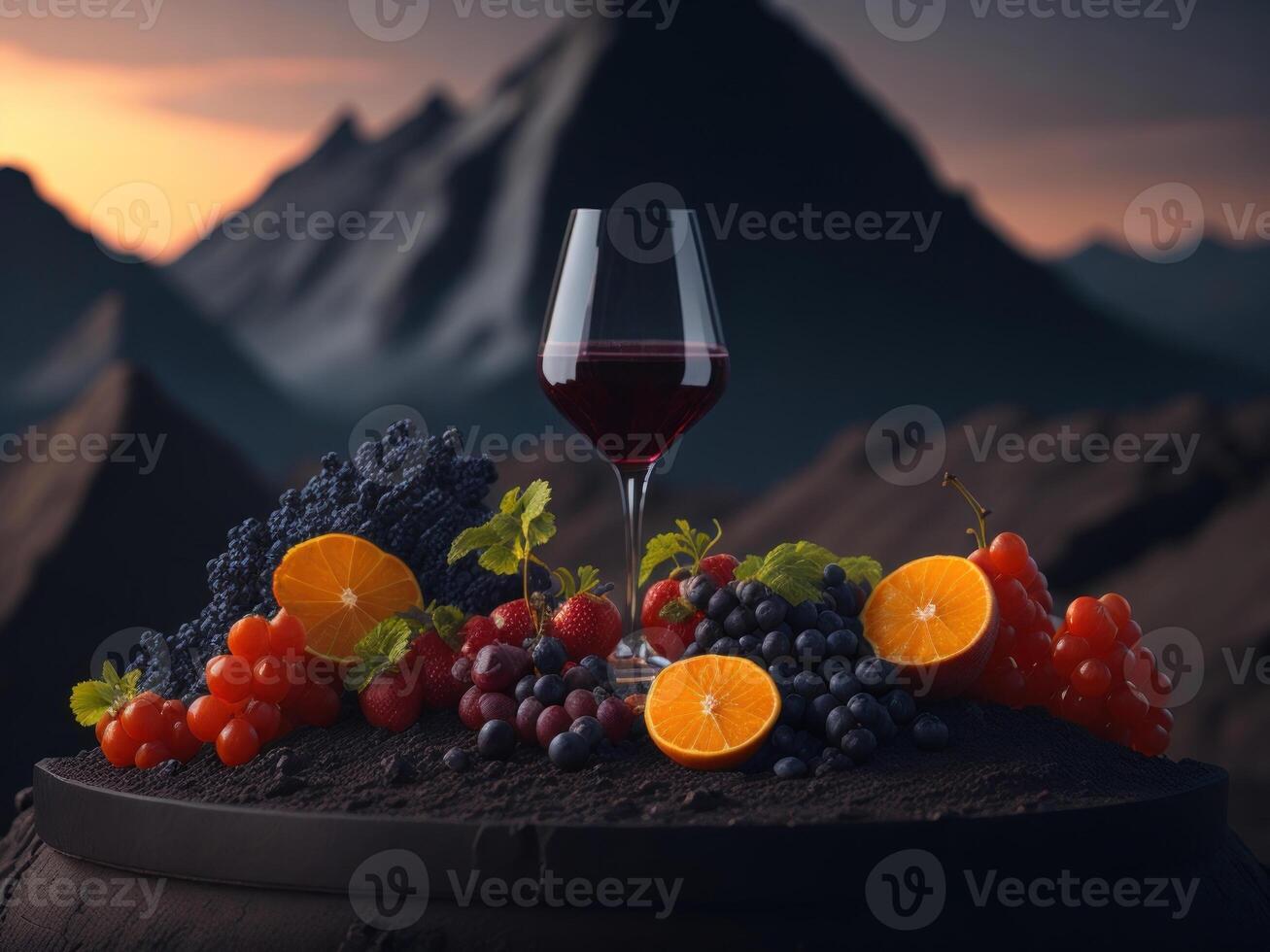 blank The wine glass is decorated with fruit on top of the glass podium mockup in lava stream for product presentation and lava mountain ground background. photo