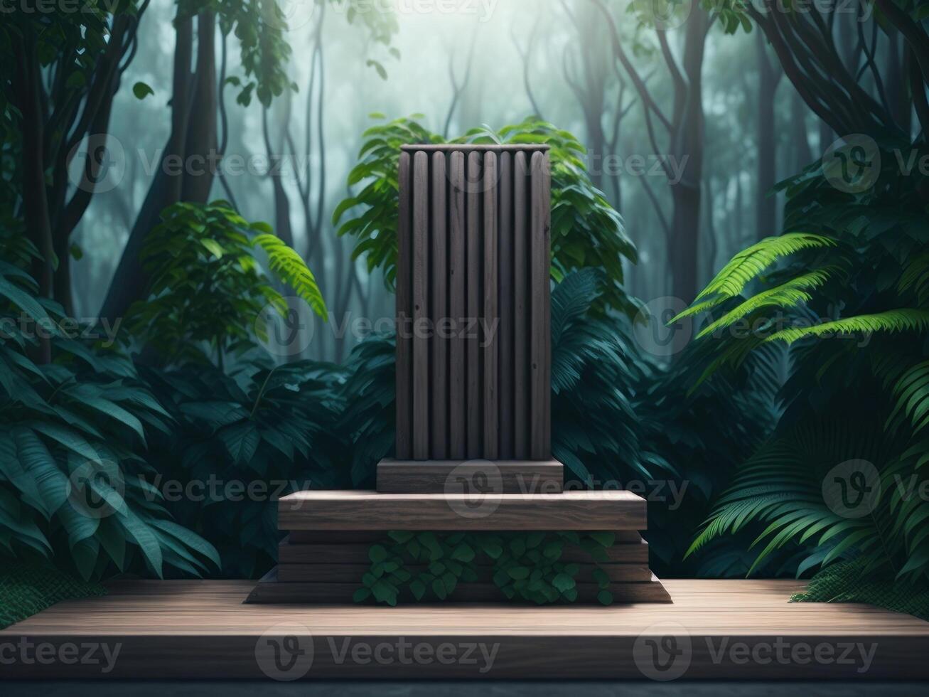 3D render Wooden podium mockup in tropical forest for product presentation and green background. photo