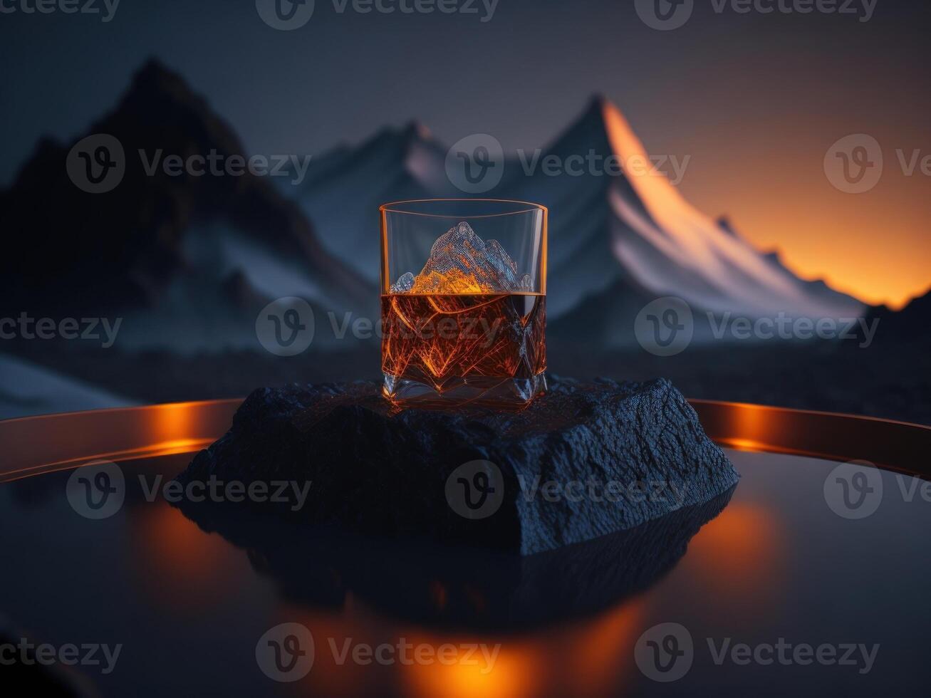 blank Whiskey glass with a small round ice cube in the glass podium mockup in lava stream for product presentation and lava mountain ground background.Generative AI photo