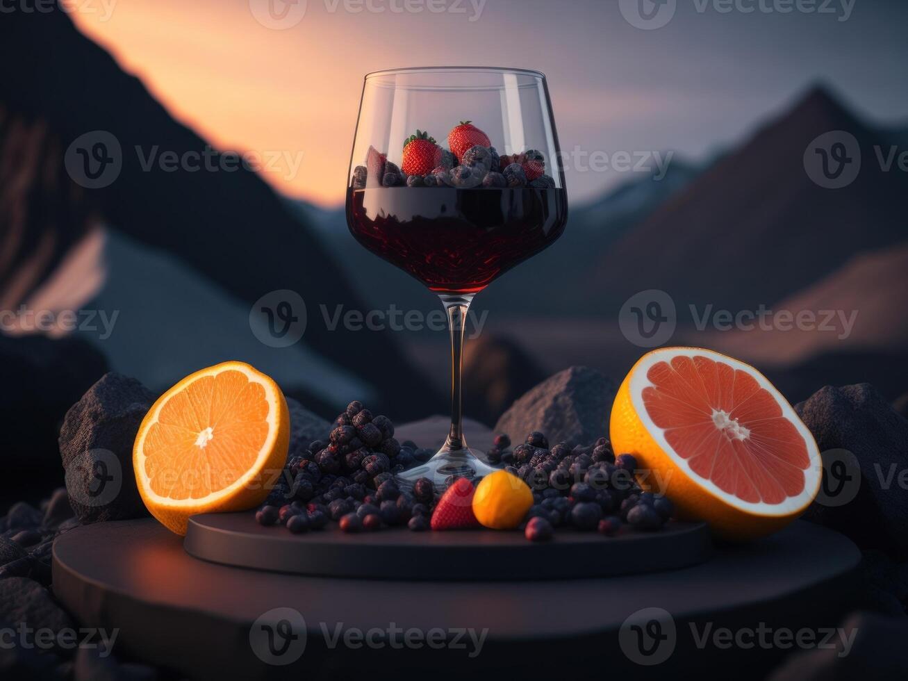 blank The wine glass is decorated with fruit on top of the glass podium mockup in lava stream for product presentation and lava mountain ground background. photo