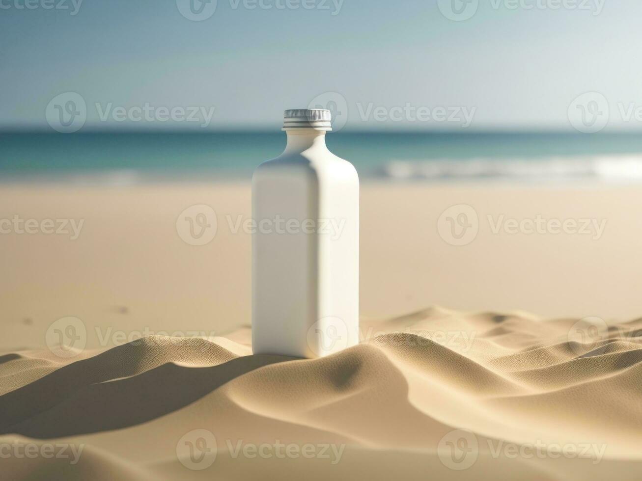 blank Empty square drink bottle mockup in sand beach for product presentation and beach background.generative AI photo