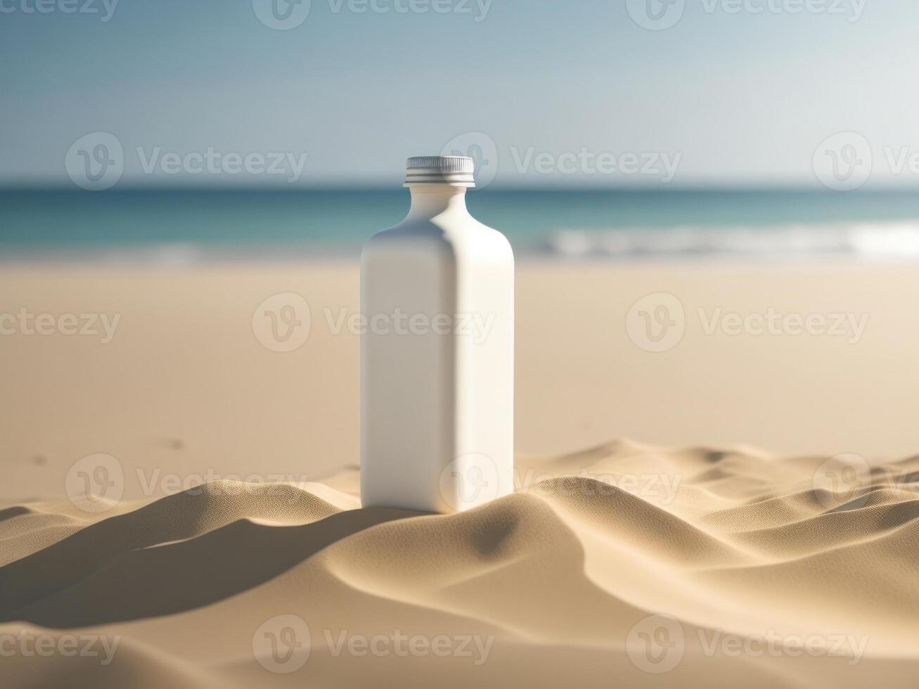 blank Empty square drink bottle mockup in sand beach for product presentation and beach background. photo