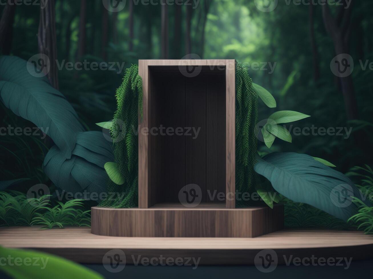 3D render Wooden podium mockup in tropical forest for product presentation and green background. photo