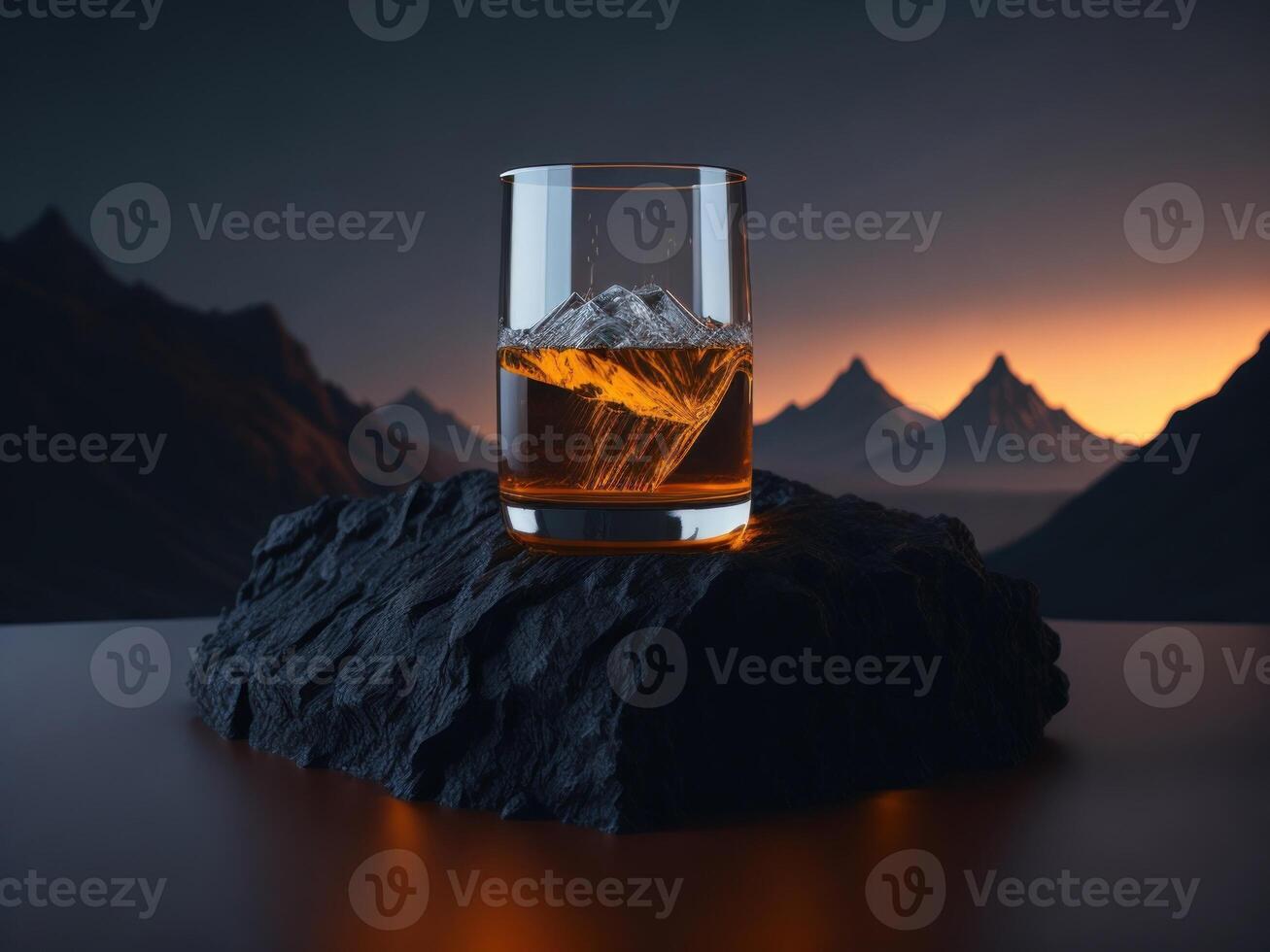 blank Whiskey glass with a small round ice cube in the glass podium mockup in lava stream for product presentation and lava mountain ground background.Generative AI photo