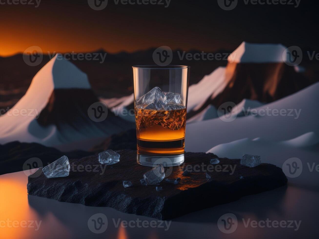 blank Whiskey glass with a small round ice cube in the glass podium mockup in lava stream for product presentation and lava mountain ground background.Generative AI photo