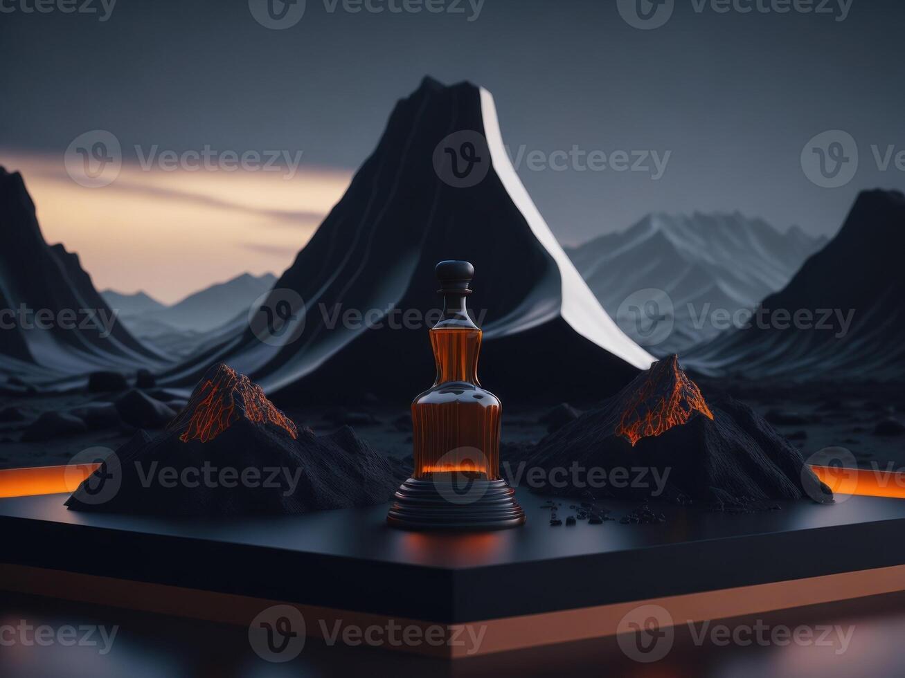 blank decanter podium mockup in lava stream for product presentation and lava mountain ground background.Generative AI. photo