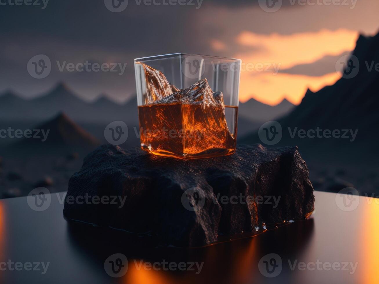 blank Whiskey glass with a small round ice cube in the glass podium mockup in lava stream for product presentation and lava mountain ground background.Generative AI photo