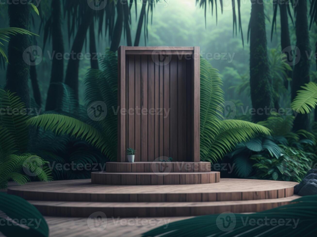 3D render Wooden podium mockup in tropical forest for product presentation and green background. photo