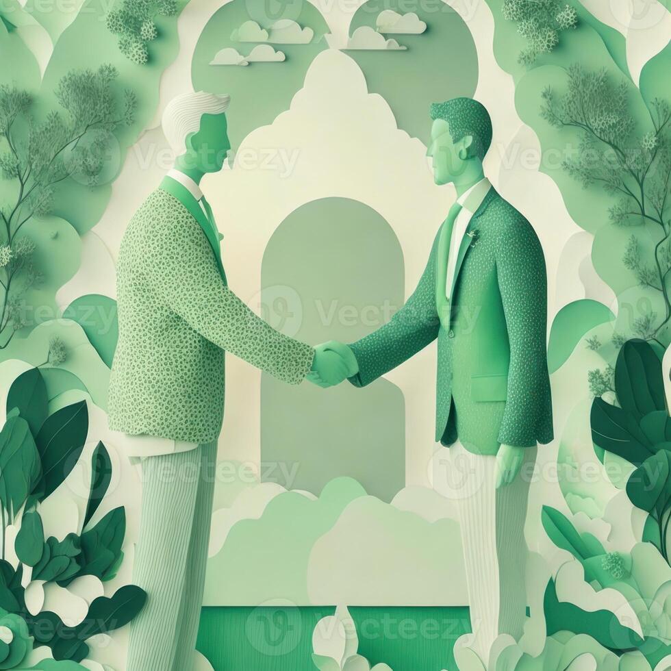 business hand shaking, paper art style illustration, pastel color theme. photo