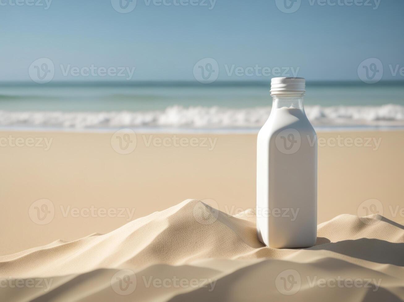 blank Empty square drink bottle mockup in sand beach for product presentation and beach background. photo