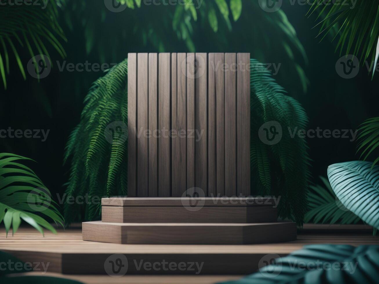 3D render Wooden podium mockup in tropical forest for product presentation and green background. photo