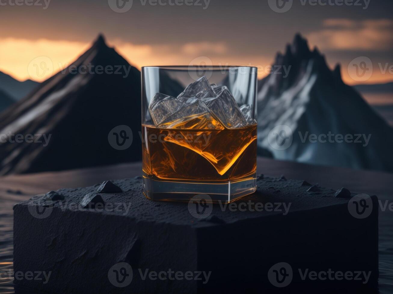 blank Whiskey glass with a small round ice cube in the glass podium mockup in lava stream for product presentation and lava mountain ground background.Generative AI photo