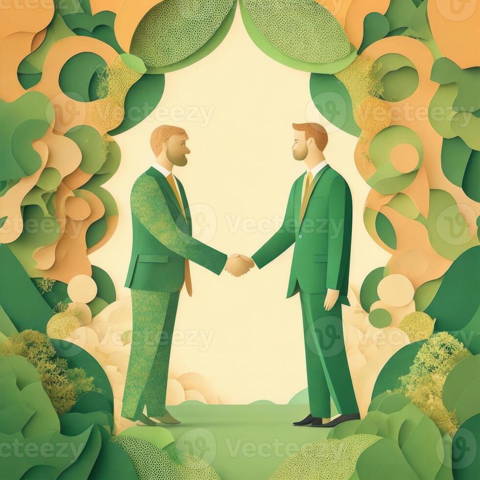 business hand shaking, paper art style illustration, pastel color theme. photo