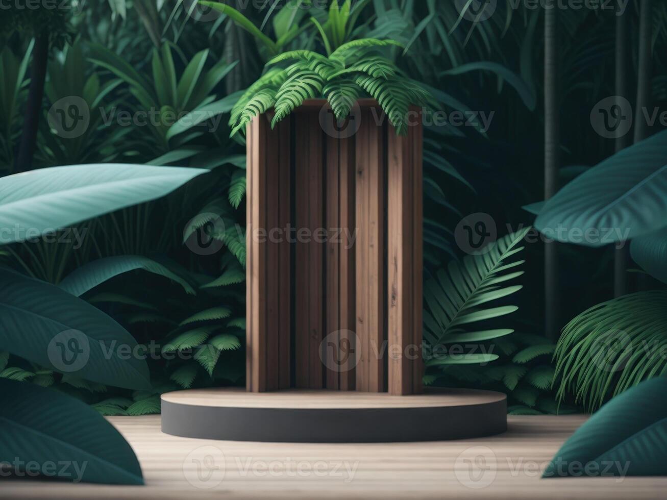 3D render Wooden podium mockup in tropical forest for product presentation and green background. photo