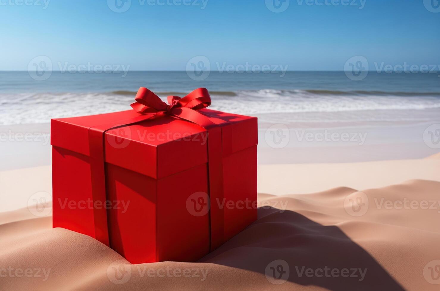 Empty gift box open mockup in sandy beach for product presentation and sea background. photo